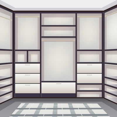 Empty storage room wardrobe cloakroom interior organization with shelving hanging rails shoe racks white realistic vector illustration