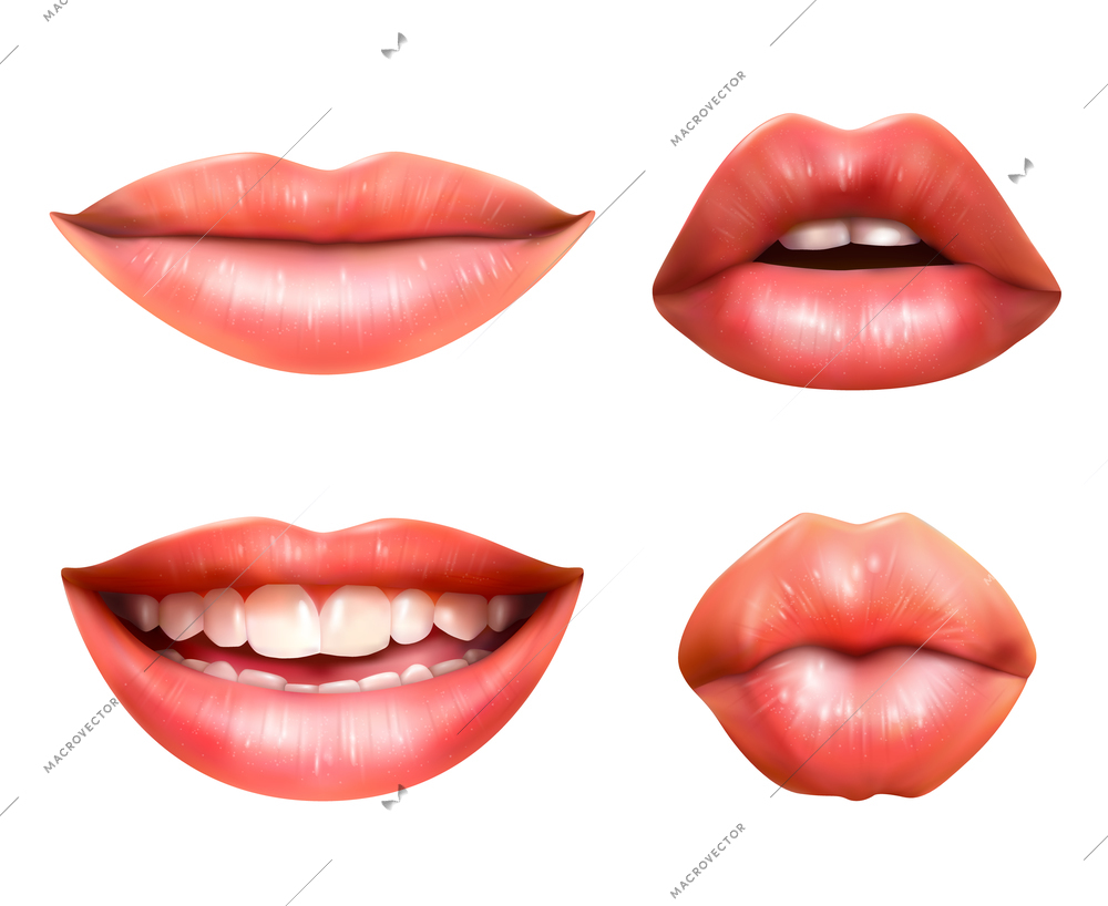 Mouth body language icons set with red lips closed turned up pursed and smiling realistic vector illustration