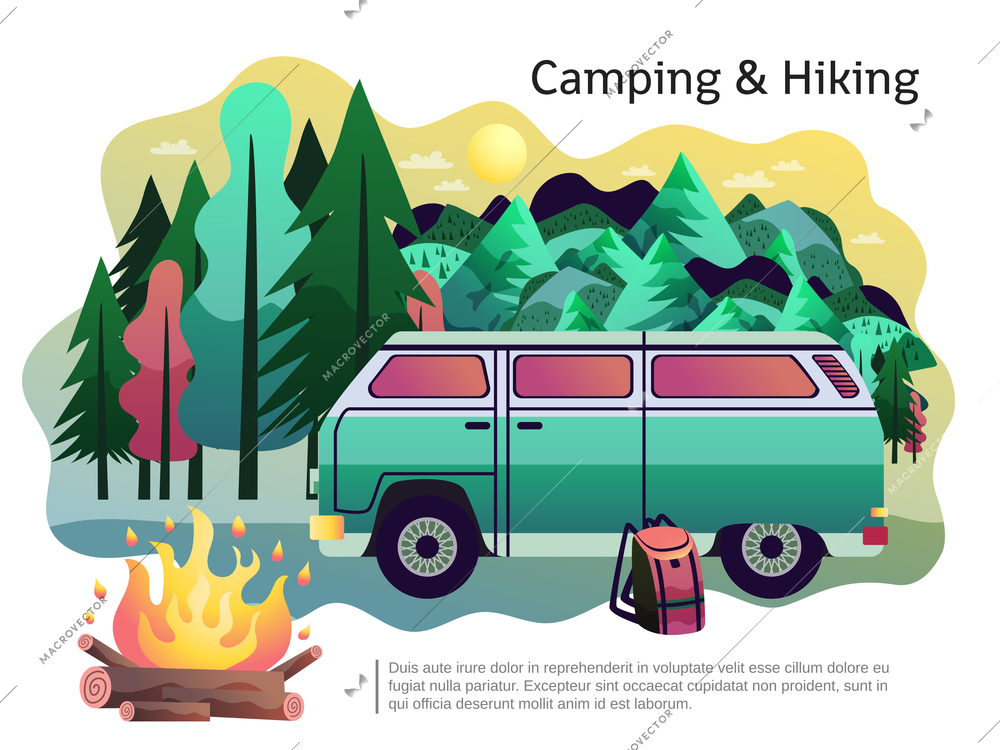 Camping hiking holiday adventure poster with open fire recreational vehicle and forest in background abstract vector illustration