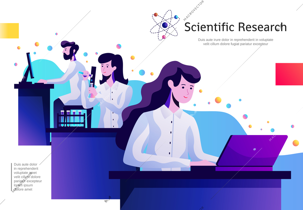 Science abstract colorful composition poster with young researches in lab with test tubes behind computers vector illustration