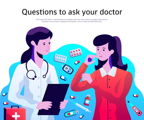 Female doctor in physician lab coat consulting patient with medication pills tablets thermometer in background vector illustration