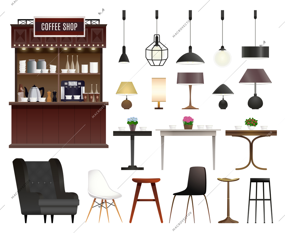 Cafe coffee shop interior details realistic set with chairs stools tables lamps and counter isolated vector illustration