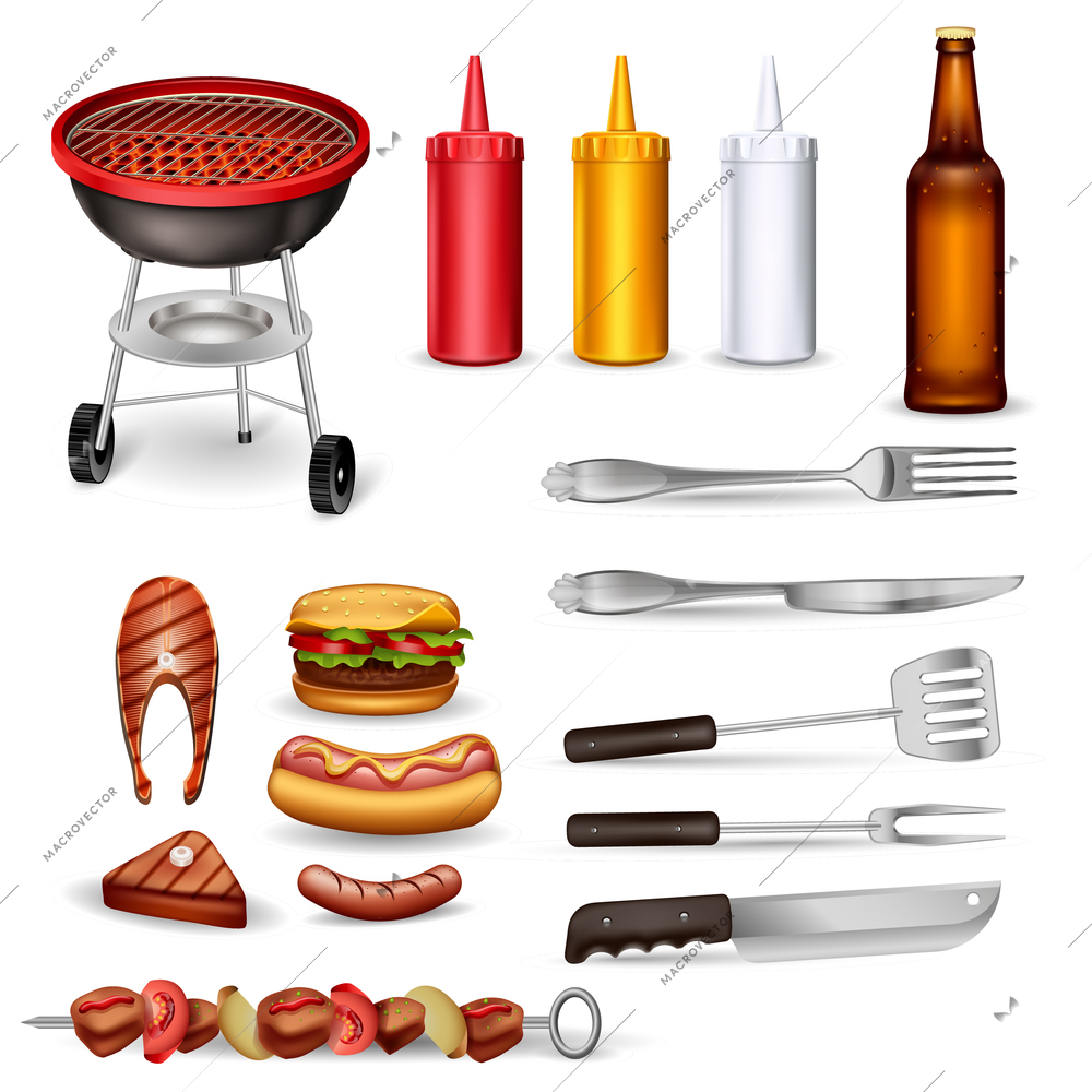 Barbecue decorative icons set with grilled meat kitchen utensil ketchup collection and beer bottle isolated vector illustration