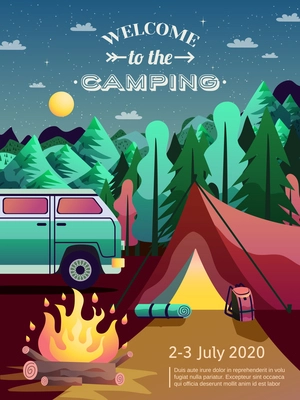 Camping site advertisement poster with recreational vehicle open fire tent in forest night sky abstract vector illustration