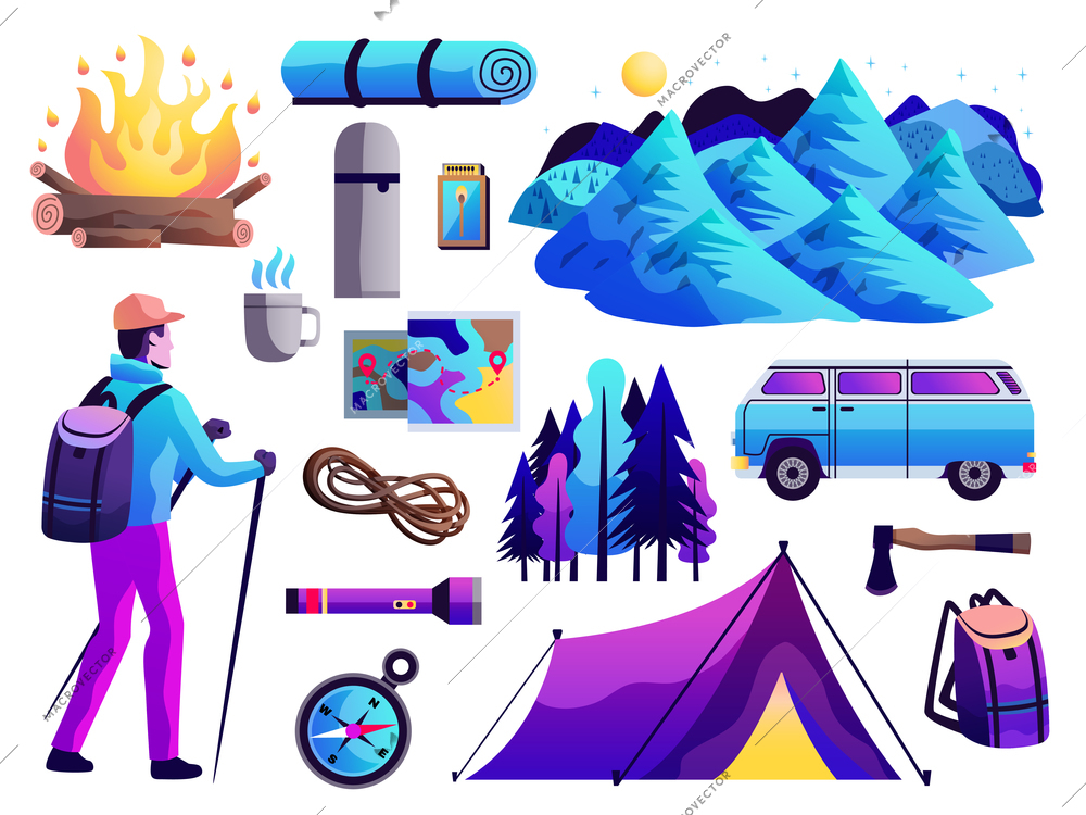 Hiking camping survival trip abstract colorful icons collection with tourist tent compass campfire mountains isolated vector illustration