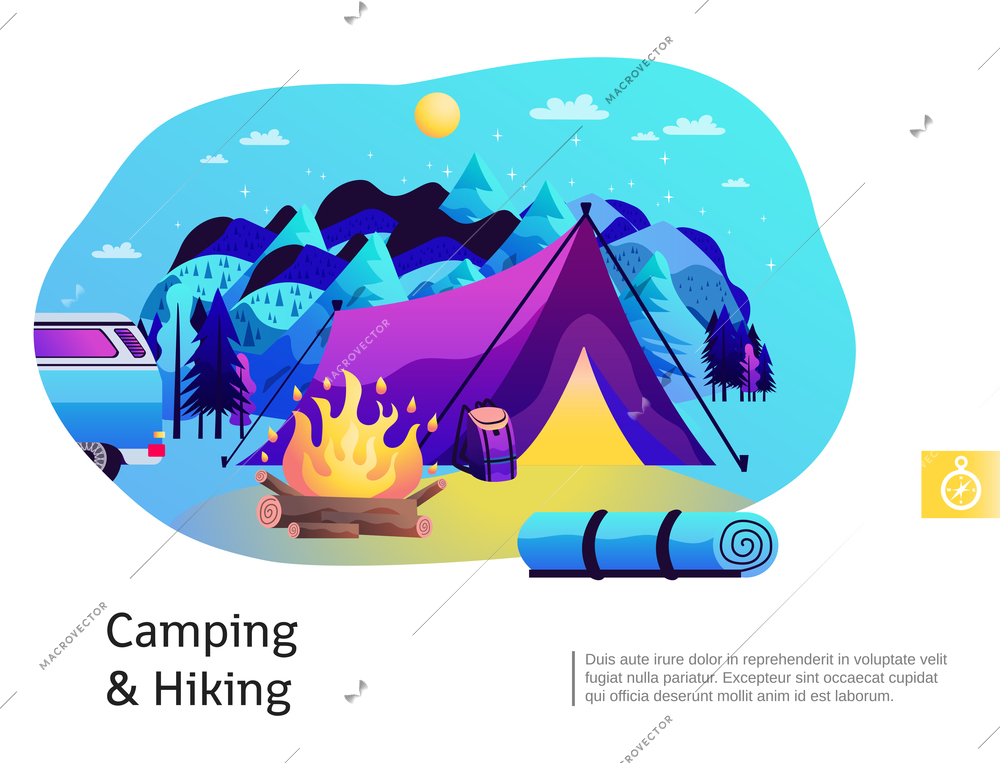 Camping hiking abstract colorful composition with open fire purple tent blue mountains in background  poster vector illustration