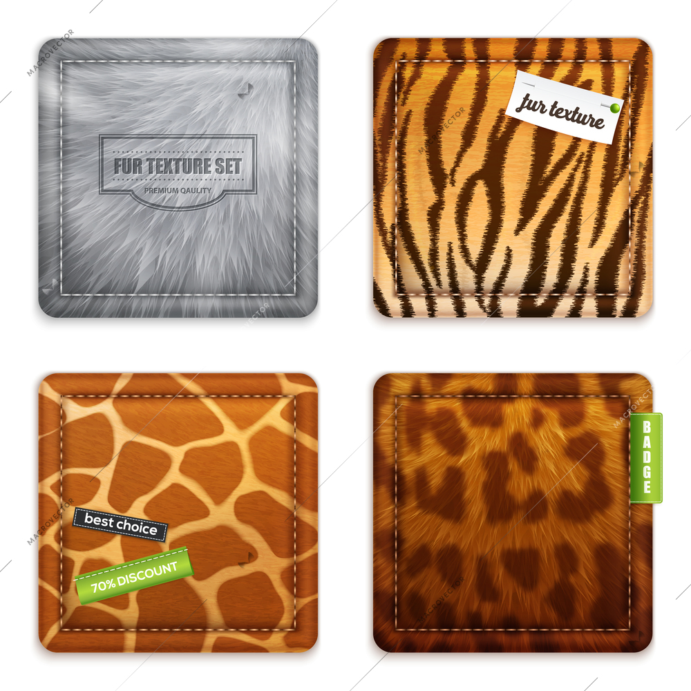 Fur texture 2x2 design concept set of wild animals wool square exemplars in realistic style vector illustration