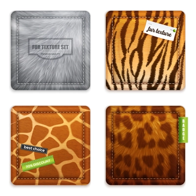 Fur texture 2x2 design concept set of wild animals wool square exemplars in realistic style vector illustration