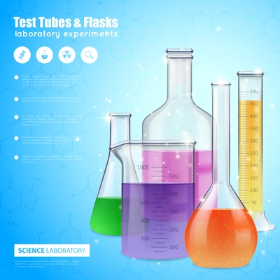 Science laboratory design concept with test tubes and flasks filling with colorful liquid realistic vector illustration