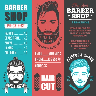 Barber shop vertical banners with list of services and bearded men emblem vector illustration