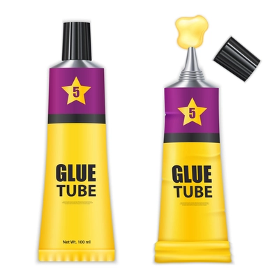 Two isolated realistic glue tubes in yellow and violet colors with opened and closed covers  vector illustration