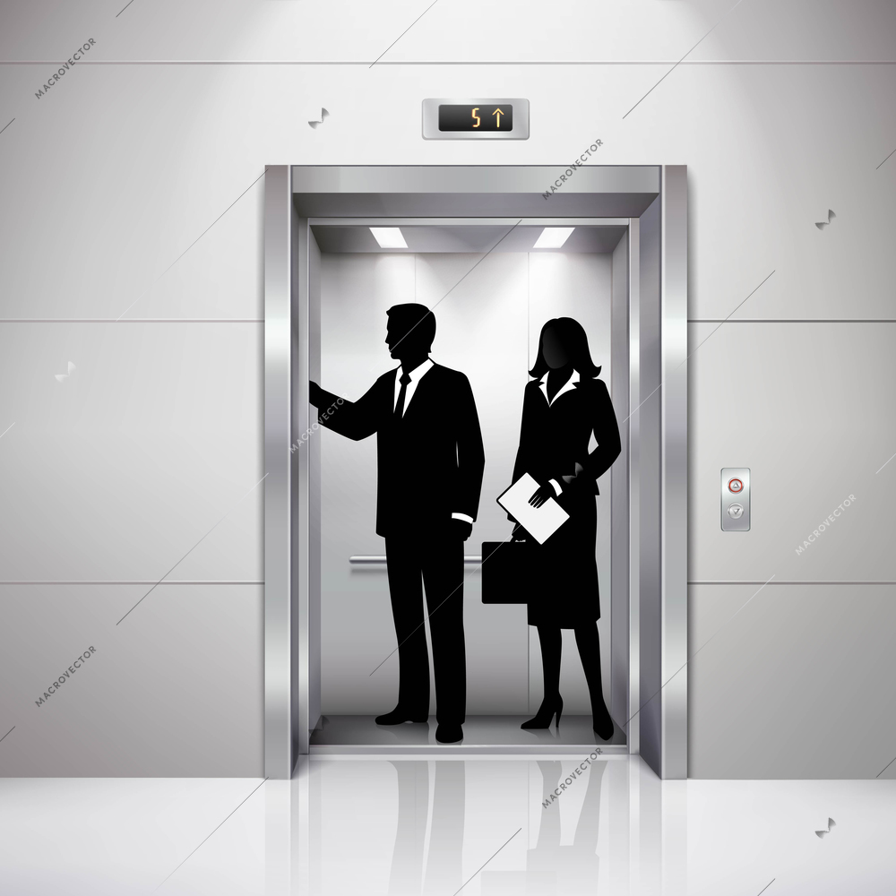 Formally dressed man and woman silhouettes in realistic business center elevator image with lights shadows reflection vector illustration