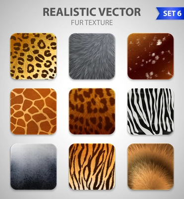 Set of nine wild animal fur texture square patches of different colorful patterns in realistic style vector illustration