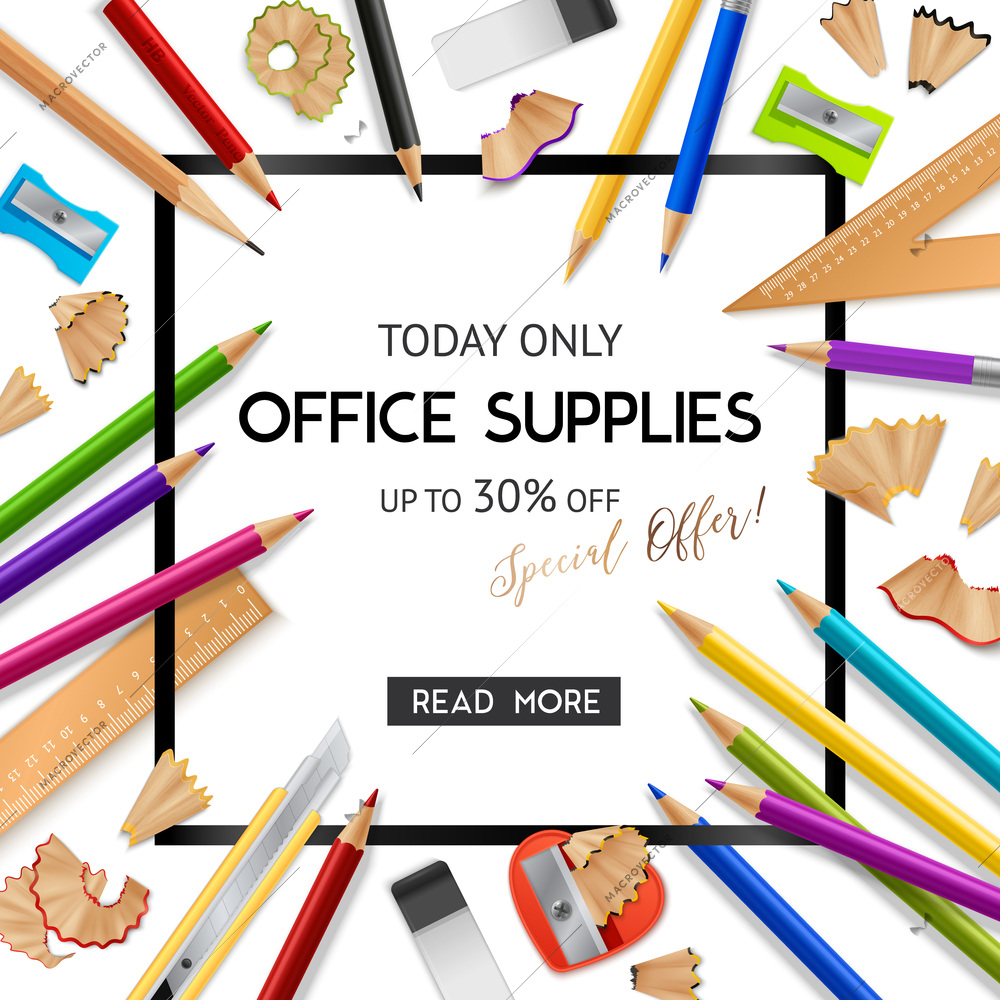Office supplies sale background with special offer advertising and frame composed of realistic pencils straightedges and erasers vector illustration