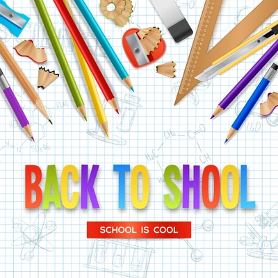 Back to school design concept with wooden sharpened pencils and stationery scattered on checkered sheet of notebook realistic vector illustration