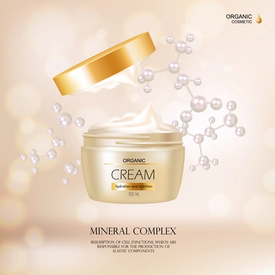 Organic cosmetic concept with cream container and gold cover for advertisement in fashion magazine realistic vector illustration