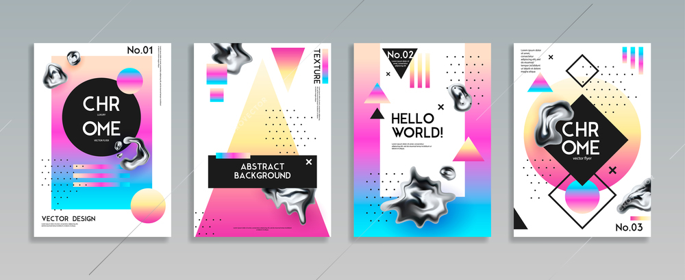 Set of four isolated abstract posters for vector design decorated by  geometric figures and chrome droplets realistic vector illustration