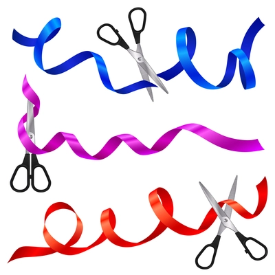 Set of colorful swirling ribbons with metal scissors as symbol of public ceremony of grand opening inauguration event realistic vector illustration