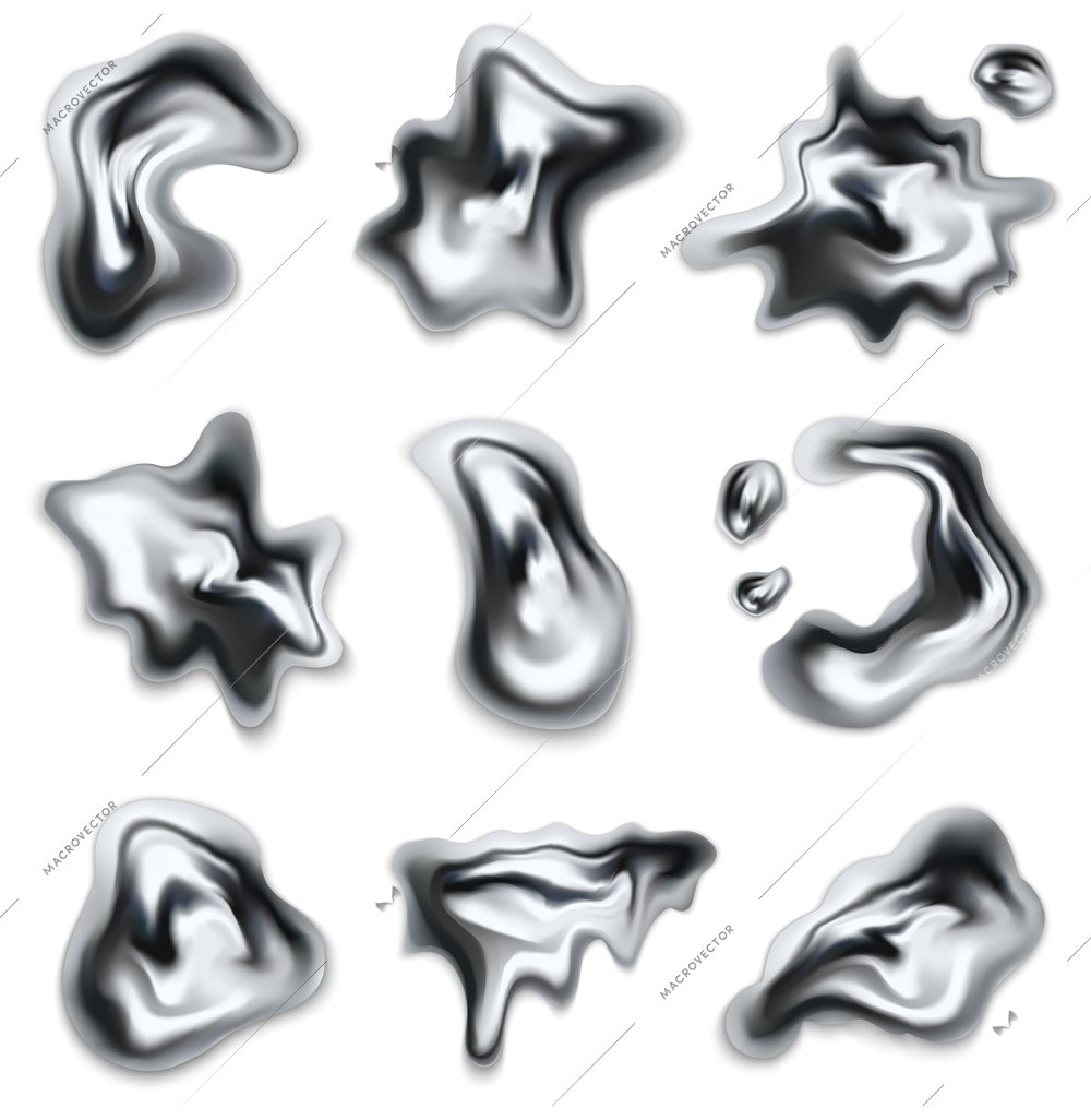 Realistic set of reflective chrome molten drips of different shapes on white background vector illustration