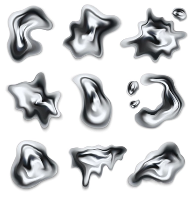 Realistic set of reflective chrome molten drips of different shapes on white background vector illustration