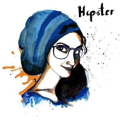 Smiling hipster character girl with glasses and beret ink drawn vector illustration.