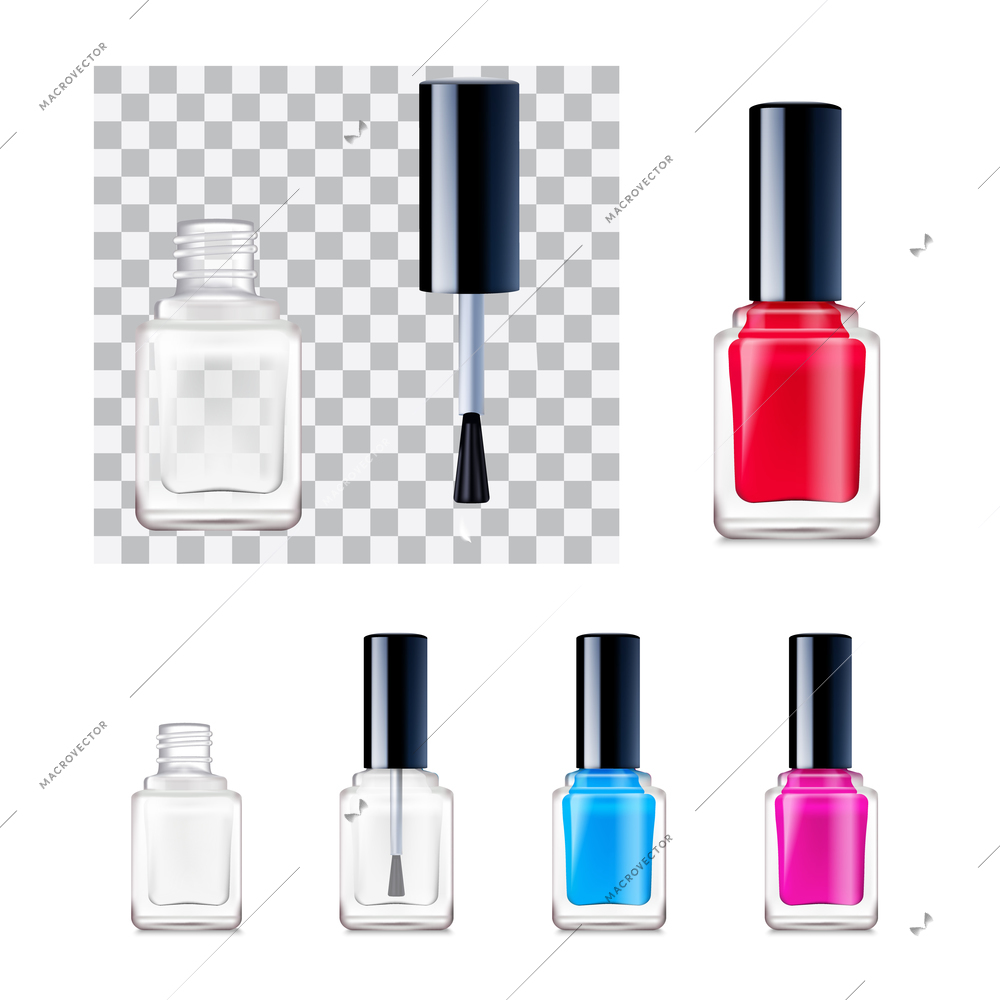 Empty and full of colorful nail polish containers mockup isolated on white and transparent background realistic vector illustration