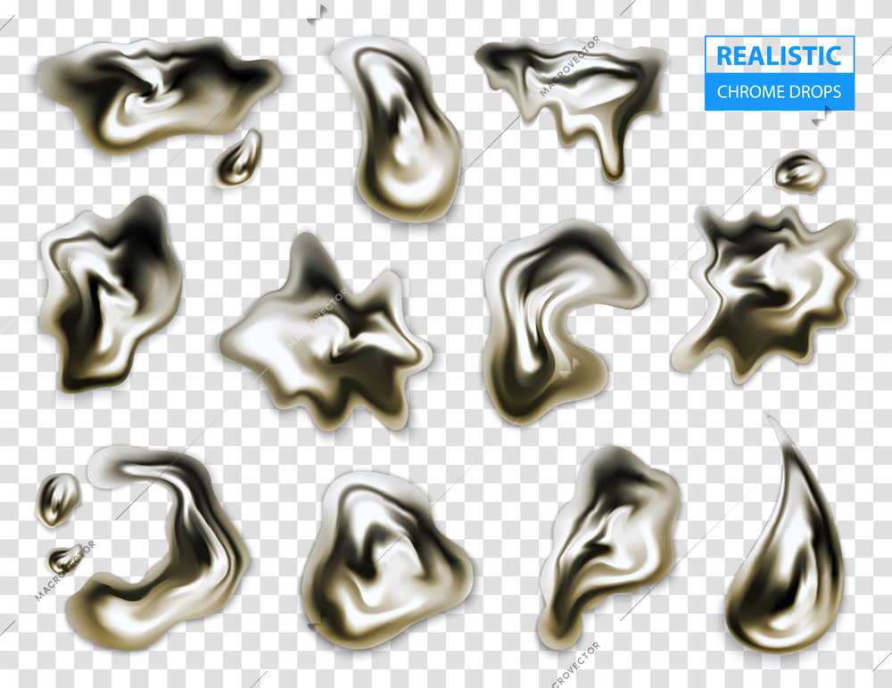 Realistic set of various chrome shapeless glossy droplets on transparent background vector illustration