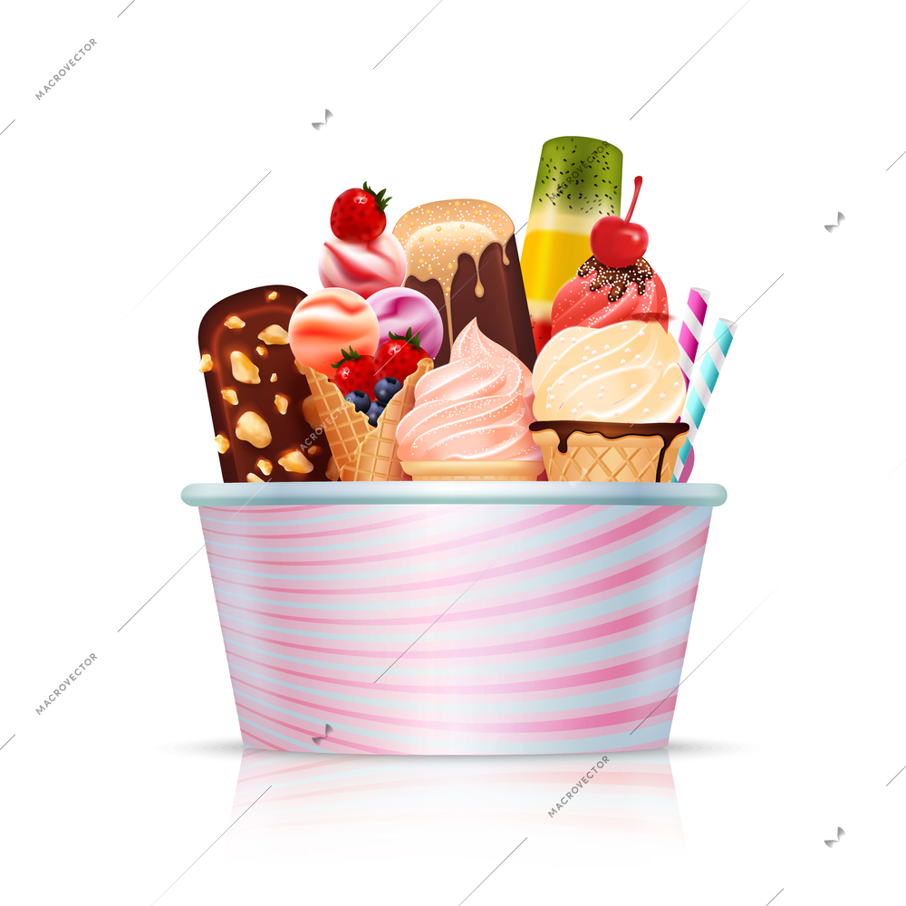 Big pack with various kinds of delicious ice cream on white background realistic vector illustration