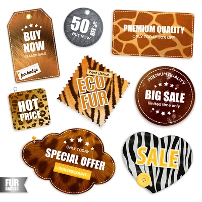 Collection of badges and labels for big sale with fur texture design realistic vector illustration