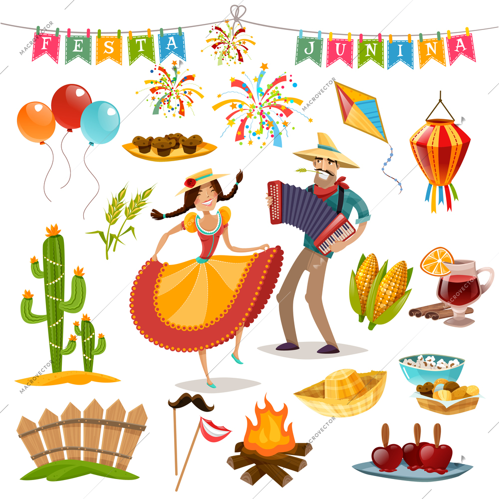 Colored and isolated festa junina icon set Brazil bright holiday village festival of fertility vector illustration