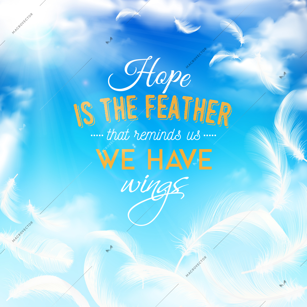 Blue clouding sky realistic background with elegant white feathers as wings part and symbol of hope vector illustration