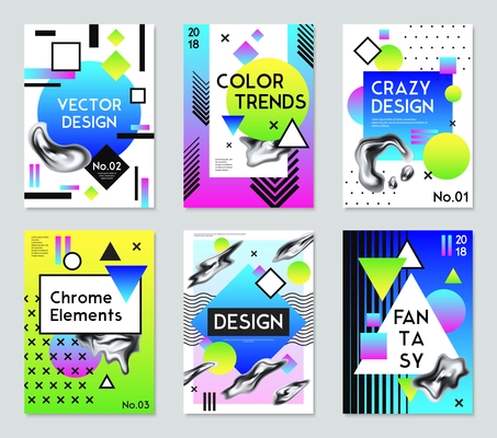 Collection of six fantasy posters for vector design with color trends and chrome elements isolated vector illustration