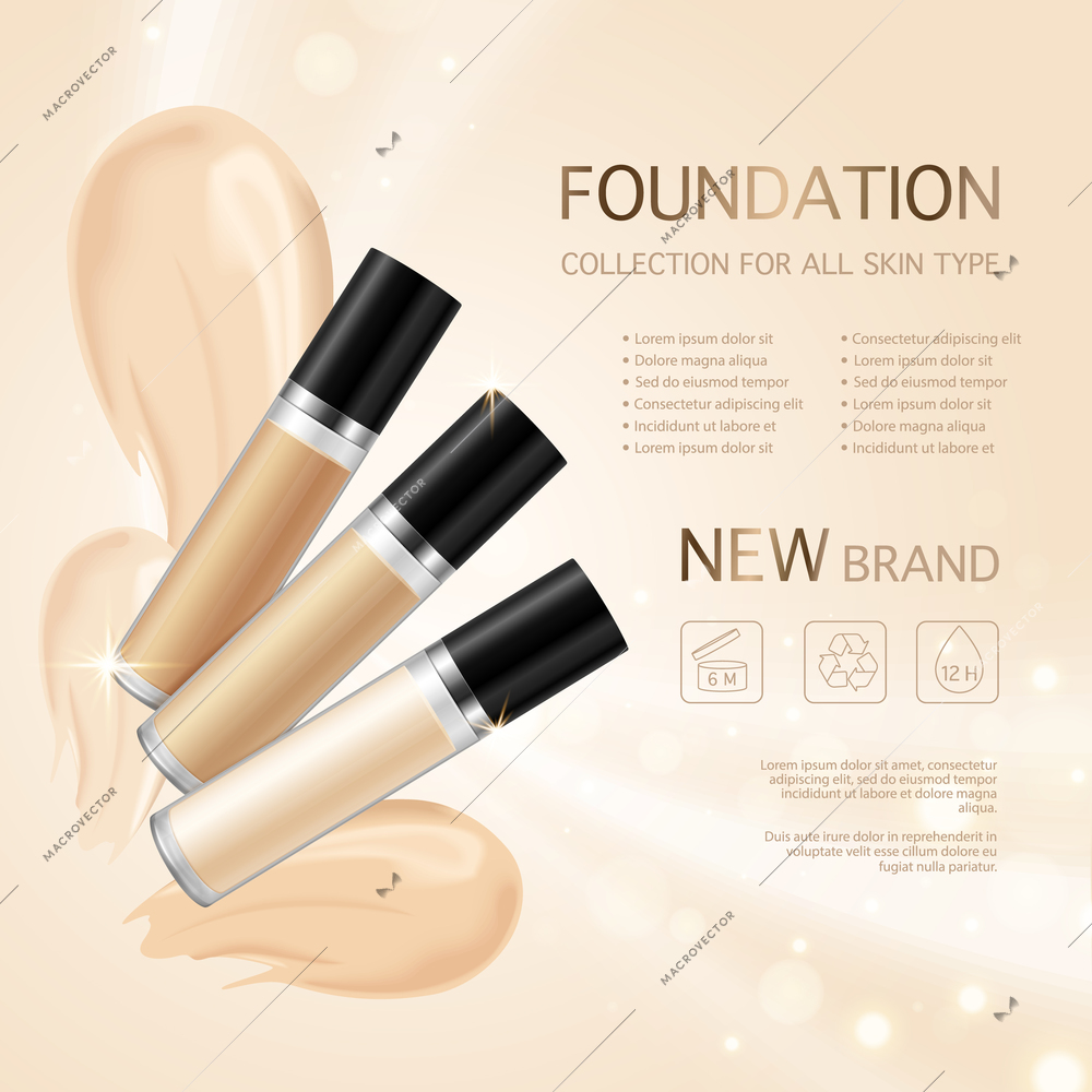 Foundation template conceptual background with skin care beauty cream product branding and editable text with pictograms vector illustration