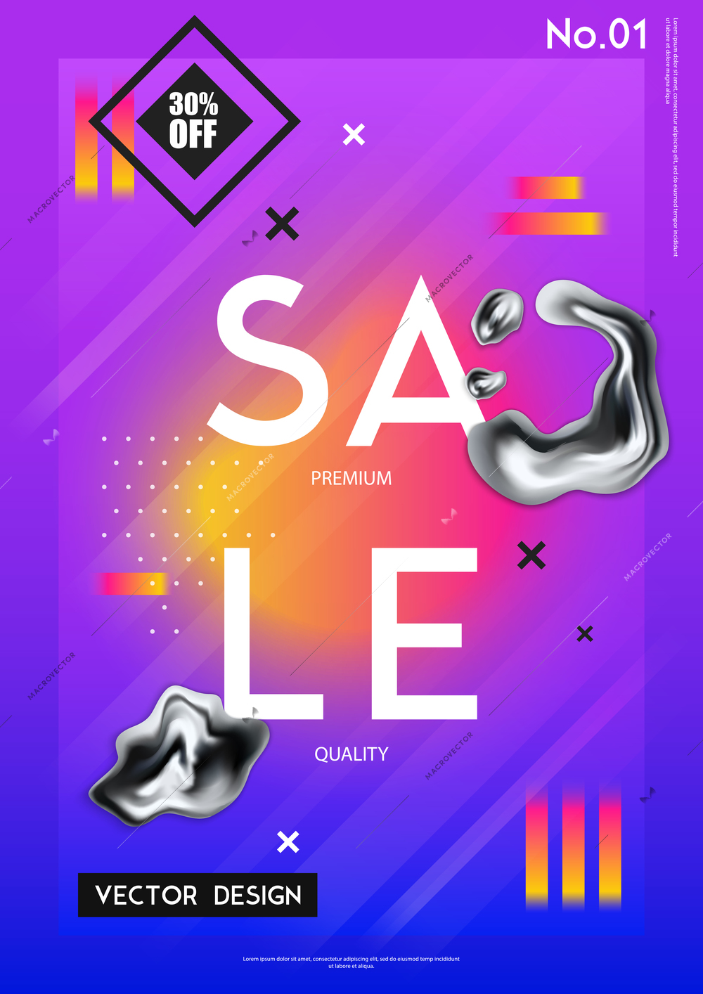 Sale poster with discount percentage and chrome drips in realistic style on violet background vector illustration