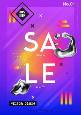 Sale poster with discount percentage and chrome drips in realistic style on violet background vector illustration