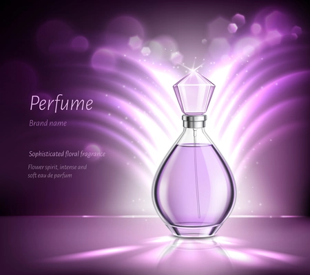 Perfume glass bottle product advertising realistic composition on blurred purple background with sparkles and rays vector illustration