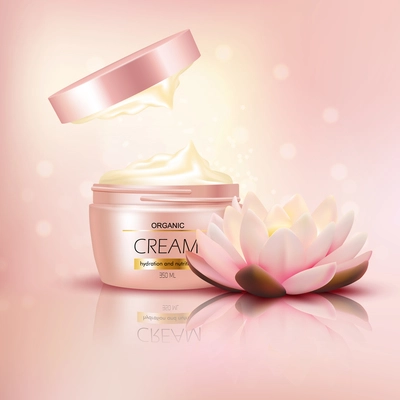 Organic cream with open cap and lotus flower on textured light pink glowing background 3d vector illustration