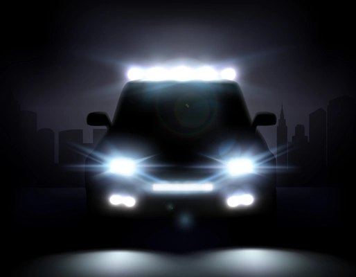 Realistic white lights in front and on roof of car, silhouettes of urban buildings vector illustration