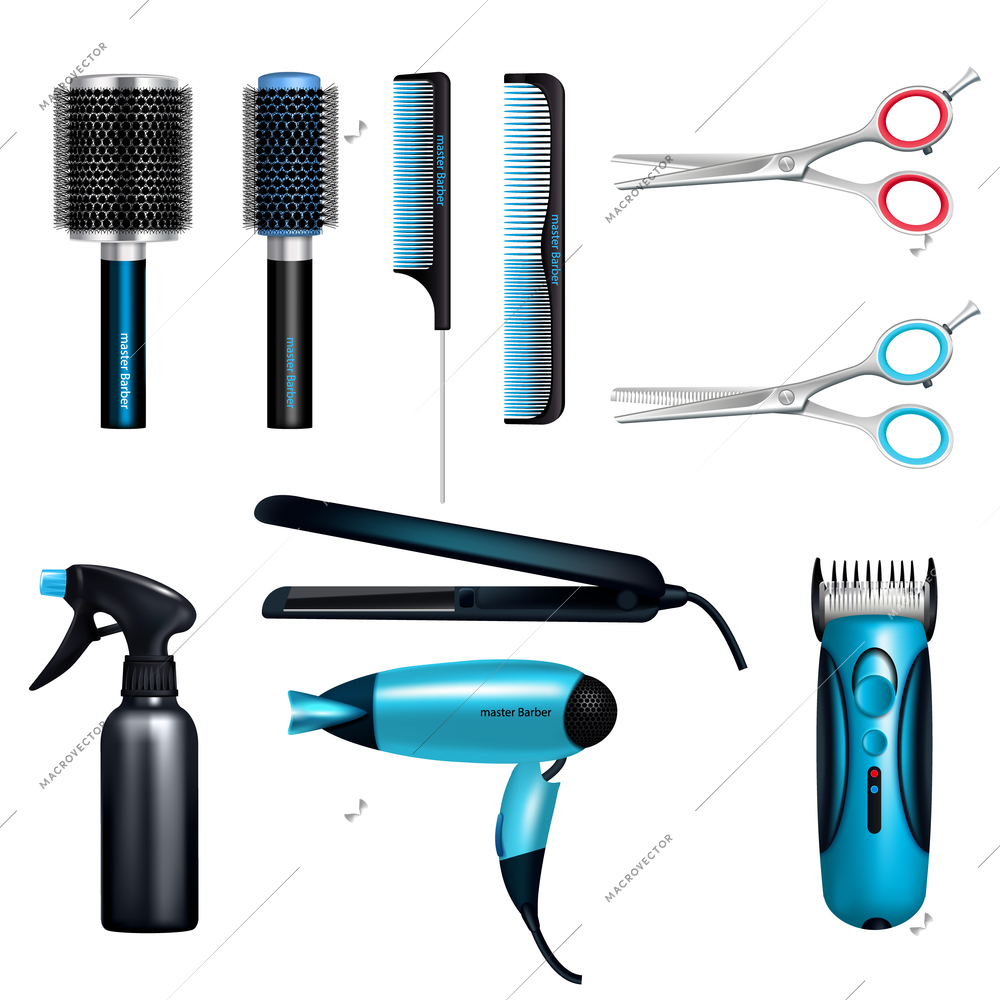 Set of hairdresser tools with scissors brushes and combs dryer straightening iron and trimmer isolated vector illustration