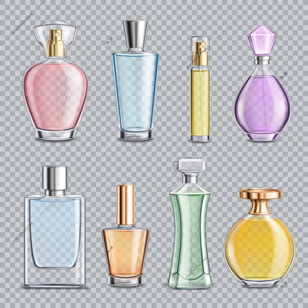 Set of perfume glass bottles with dispenser, metal elements isolated on transparent background vector illustration