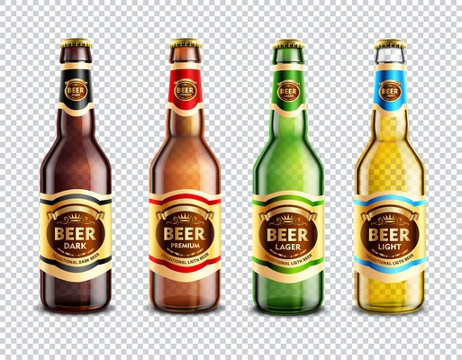 Set of 3d glass beer bottles with colorful stickers isolated on transparent background vector illustration