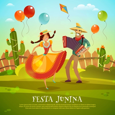 Festa junina picturesque vector illustration in cartoon style with latin couple  in national costumes dancing on rustic background