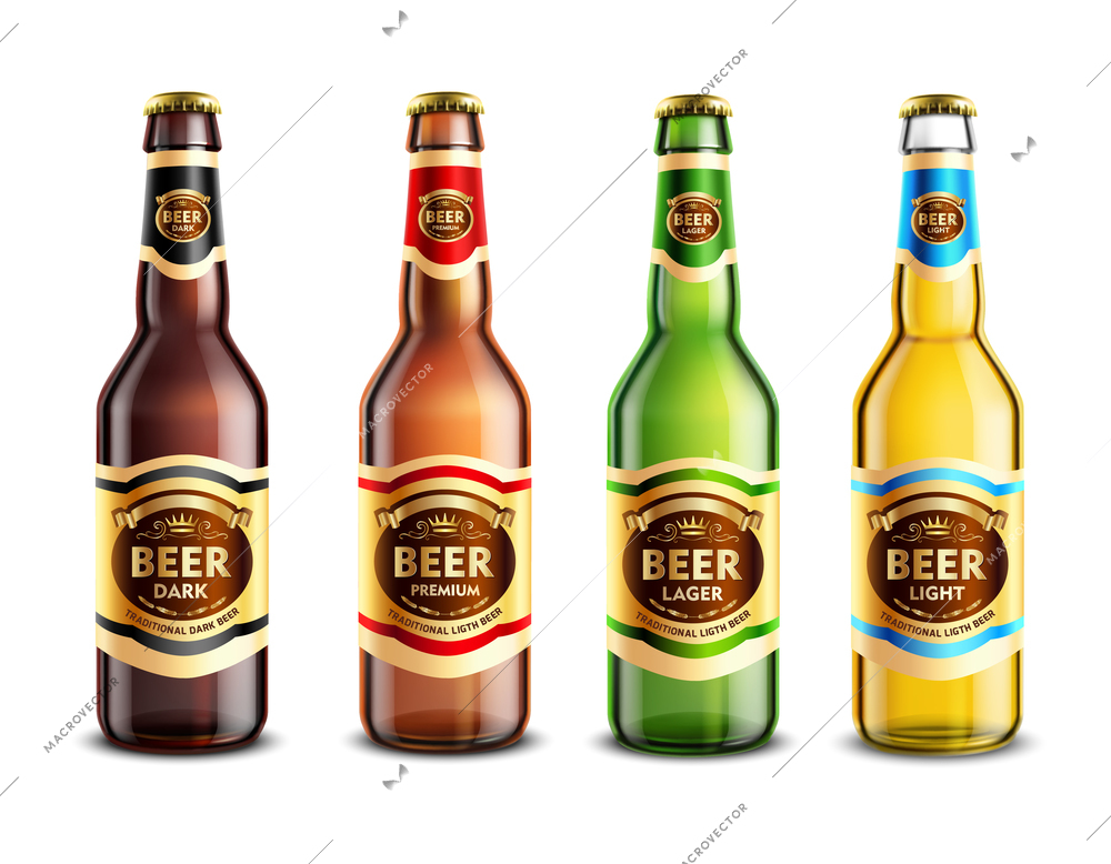 Set of realistic glass beer bottles with stickers and aluminum lids isolated on white background vector illustration