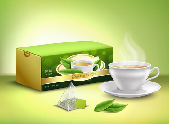Green tea leaves, sachet and cardboard packaging, white cup with hot drink  realistic design vector illustration