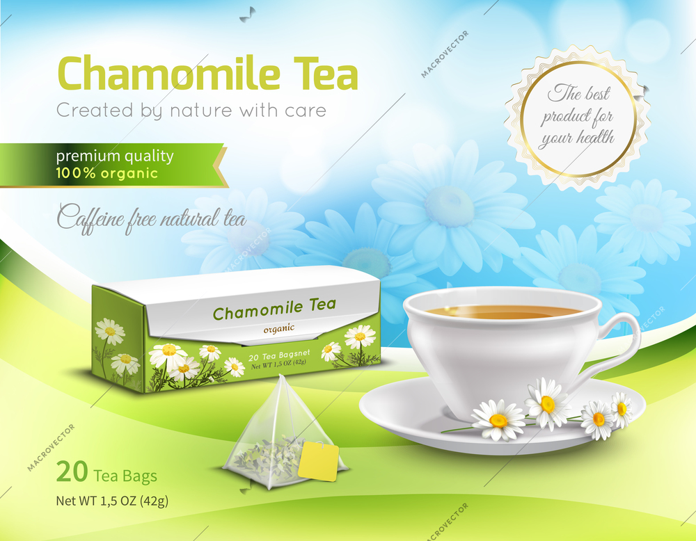 Chamomile tea advertising realistic composition on blue blurred background with flowers, carton packaging, white cup vector illustration
