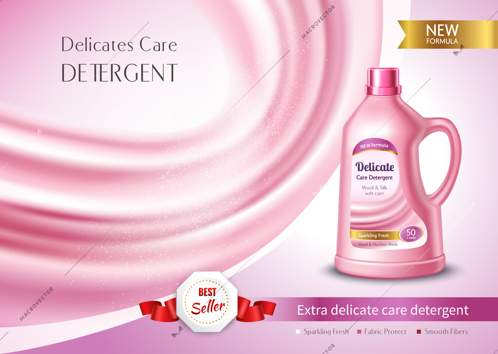 Delicate care detergent in plastic bottle ad poster with pink silk fabric realistic vector illustration