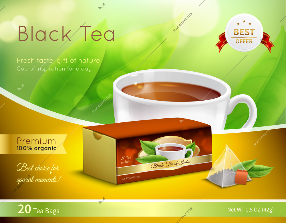 Black tea advertising realistic composition on green blurred background with cardboard box, cup of drink, vector illustration