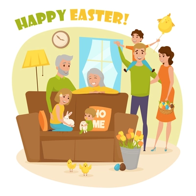 Colored flat happy family easter composition with family come together at home vector illustration
