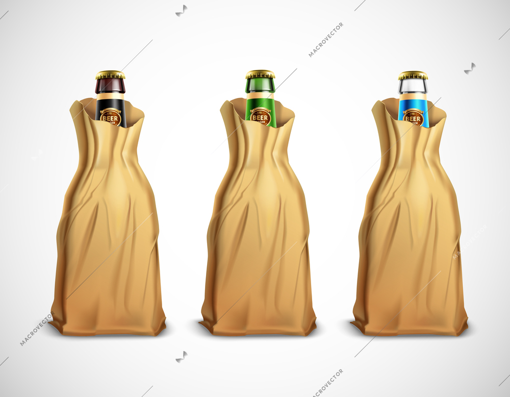 Set of glass beer bottles in paper bags isolated on white background 3d vector illustration