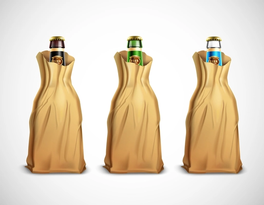 Set of glass beer bottles in paper bags isolated on white background 3d vector illustration